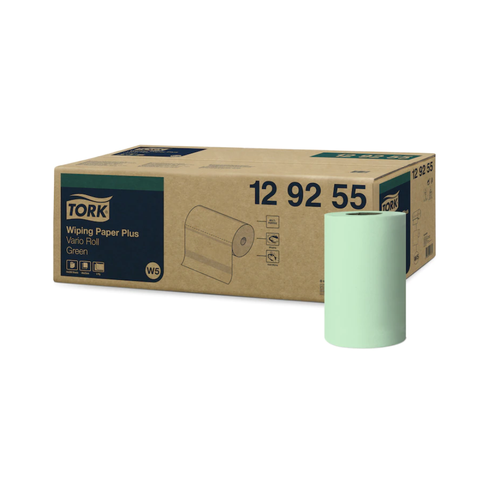 Eine Schachtel mit der Aufschrift „Tork 129255 Starke Mehrzweck-Papierwischtücher Advanced W5 2-lagig“ von TORK – Essity Professional Hygiene Germany GmbH wird neben einer hellgrünen Rolle mit saugfähigem Hochleistungspapier ausgestellt. Auf der Schachtel sind Symbole zu sehen, die die Verwendung und Spezifikationen der Tork-Mehrzweck-Wischtücher angeben.