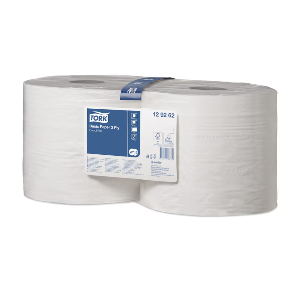 Ein Karton Tork 129262 Standard-Papierwischtücher Universal W1 W2 2-lagige Rollen, bietet hohe Kapazität und multifunktionalen Einsatz. Die Packung enthält zwei große weiße Papierwischtücher, die in durchsichtigem Kunststoff eingewickelt sind und über ein blaues Etikett mit Produktinformationen verfügen.