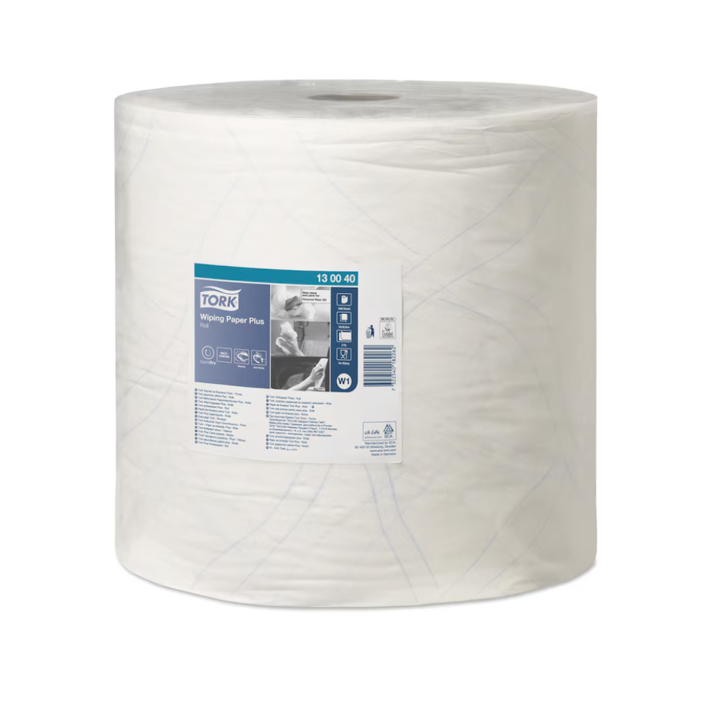Eine große zylindrische weiße Rolle Tork 130040 Starke Mehrzweck-Papierwischtücher ist gebrauchsfertig. Das mit Text und Symbolen verzierte Etikett der Rolle enthält wichtige Produktdetails. Dieses Premium-2-lagige Papier von TORK – Essity Professional Hygiene Germany GmbH ist dick und langlebig, ideal für den industriellen oder gewerblichen Einsatz und kompatibel mit Boden- oder Wandhalterungsspendern.