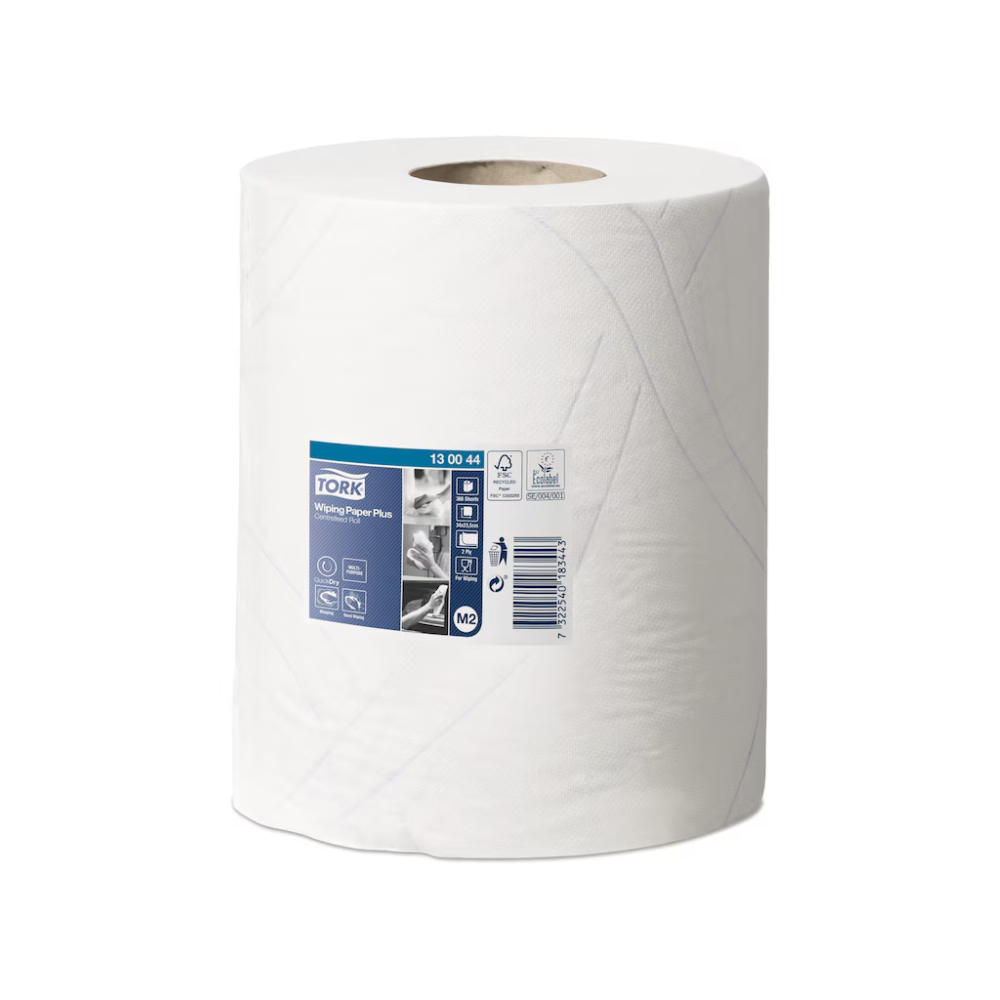 Eine große Rolle Tork 130044 Starke Mehrzweck-Papierwischtücher Premium M2 mit blau-weißer Beschriftung mit Text und Symbolen steht auf einem schlichten weißen Hintergrund. Dieses Premiumprodukt von TORK – Essity Professional Hygiene Germany GmbH ist für Reinigungs- und Wartungsaufgaben konzipiert und bietet mit seiner QuickDry-Qualität hervorragende Leistung.