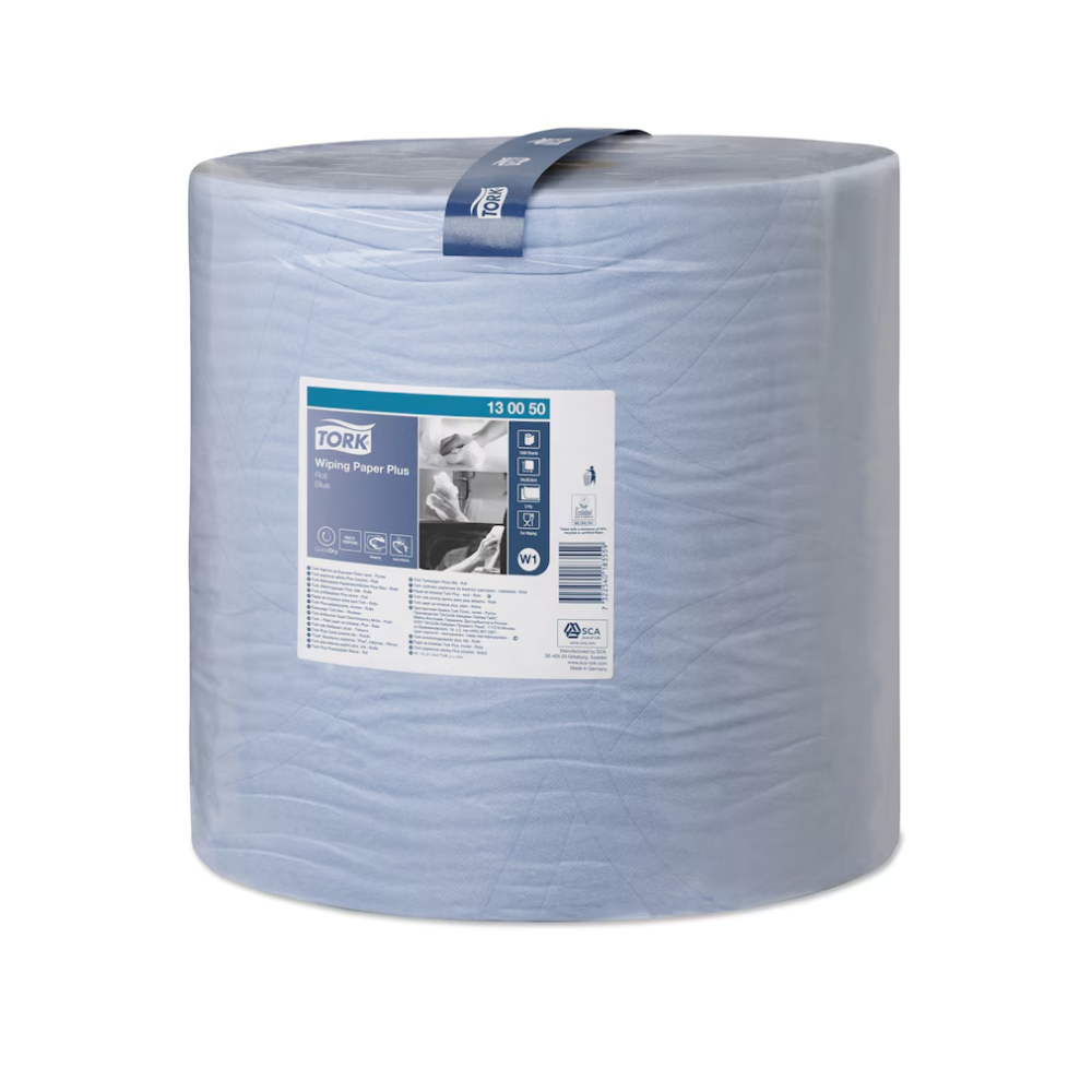 Eine große Rolle hochwertiger Tork 130050 Starke Mehrzweck-Papierwischtücher Premium W1 in einer Kunststoffverpackung. Das Etikett auf der Vorderseite enthält Produktdetails, einschließlich Gebrauchsanweisungen und Markenelemente, die diese hochabsorbierenden Wischtücher als unverzichtbar für jede Reinigungsaufgabe hervorheben.