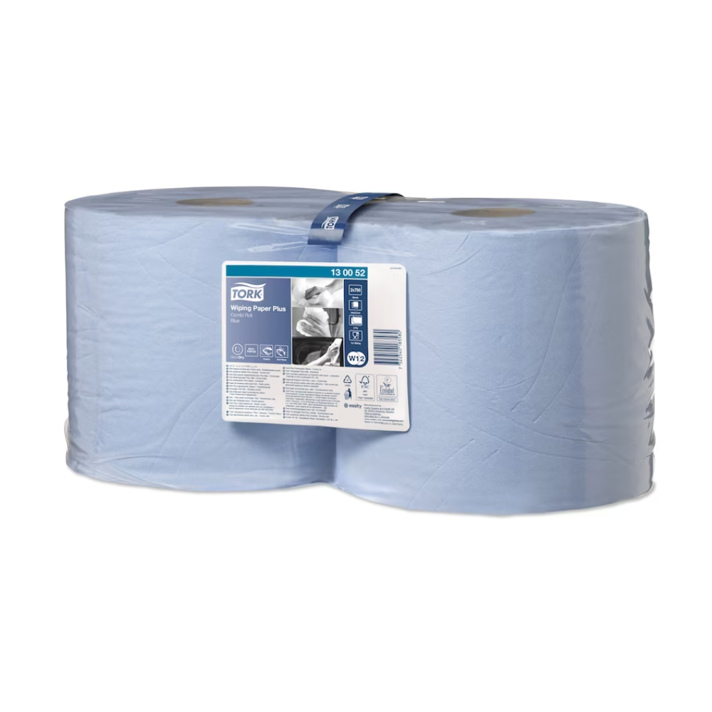 Die Tork 130052 Starke Mehrzweck-Papierwischtücher Premium W1+W2 2-lagig, die in einem praktischen Karton mit zwei Rollen angeboten werden, zeichnen sich durch hohe Saugfähigkeit und eine ansprechende hellblaue Farbe aus. Das Etikett zeigt Produktdetails zusammen mit einem Bild. Diese Papiertücher eignen sich perfekt für die Verwendung mit Tork Spender-Spendern oder als vielseitige Mehrzwecktücher für verschiedene Anwendungen.