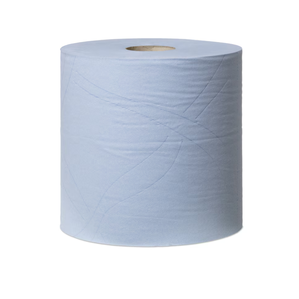 Eine Tork 130073-Rolle extrastarker Mehrzweck-Papierwischtücher in Hellblau steht aufrecht mit strukturierter Oberfläche und Kartonkern und symbolisiert Premium-Qualität von TORK - Essity Professional Hygiene Germany GmbH für vielseitigen Einsatz.