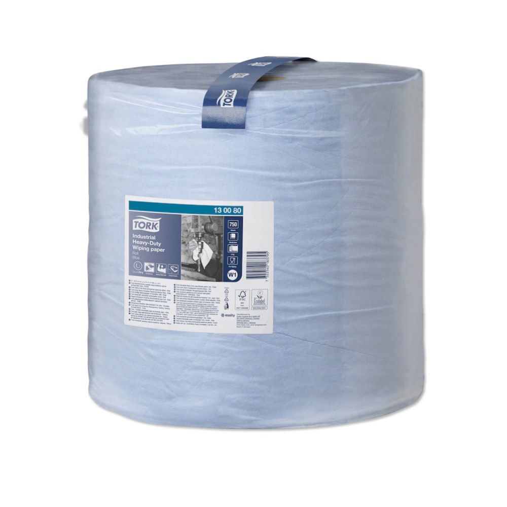 Die Tork 130080 Premium Hochleistungs-Industrie-Wischpapierrolle in Hellblau und Kunststoffverpackung enthält ein 3-lagiges Designetikett mit Produktdetails und einem Arbeiterbild. Marke: TORK - Essity Professional Hygiene Germany GmbH.