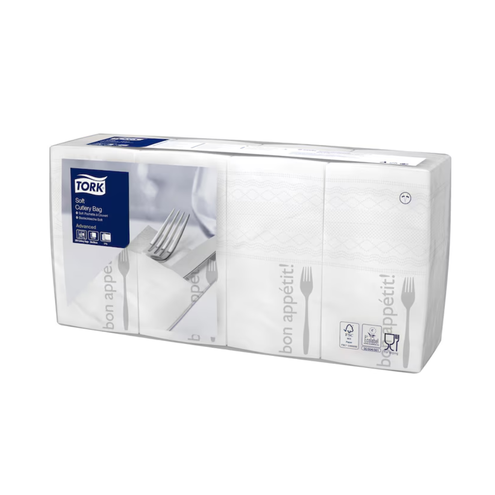 Die Tork 13662 Soft Guten Appetit Bestecktasche der renommierten TORK - Essity Professional Hygiene Germany GmbH zeigt eine entzückende Gabelgrafik mit dem Text „Guten Appetit!“. Die Verpackung enthält blau-weiße Markenelemente, Recyclingsymbole und enthält praktischerweise eine Papierserviette.