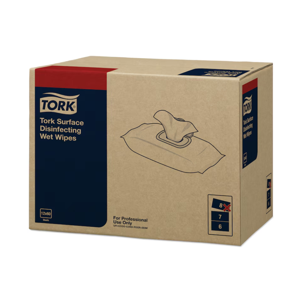 Auf einem großen Karton mit der Aufschrift „Tork 193600 feuchte Desinfektionstücher für Oberflächen Premium W20“ ist eine Packung Feuchttücher abgebildet. Es enthält 12 Packungen, die jeweils für den professionellen Einsatz als ideale Oberflächendesinfektionsmittel konzipiert sind. Die Marke TORK – Essity Professional Hygiene Germany GmbH steht für hochwertige Flächendesinfektionstücher.