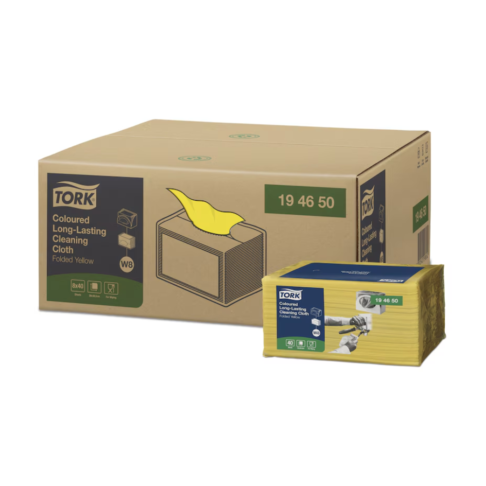 Eine große Schachtel mit Tork 194450 langlebigen farbigen Reinigungstüchern wird ausgestellt. Die Verpackung enthält gelbe, langlebige Tücher von TORK von Essity Professional Hygiene Germany GmbH, ideal für Ihre Reinigungsbedürfnisse.