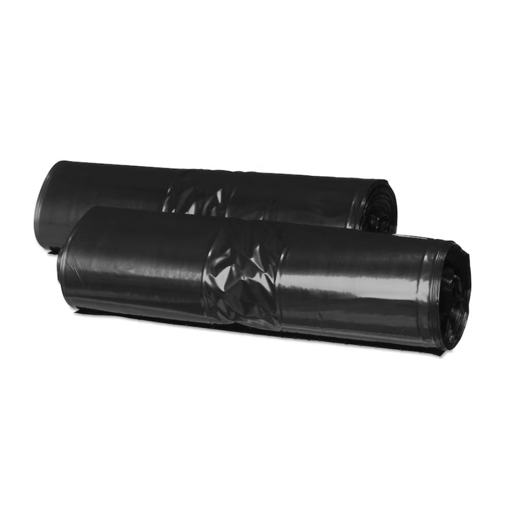 Zwei Rollen Tork Müllbeutel 5 l Schwarz B3, möglicherweise aus Recyclingmaterial, liegen nebeneinander. Jede Rolle wirkt fest gewickelt und weist eine glänzende Oberfläche auf. Diese Müllbeutel deuten darauf hin, dass sie als Abdeckung oder zum Schutz dienen.