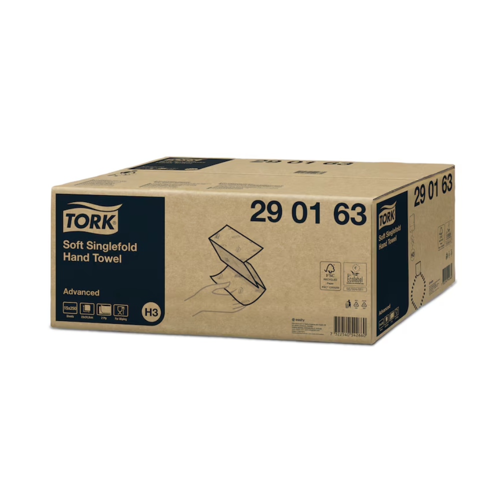 Ein brauner Karton mit der Aufschrift „Tork Zickzack-Handtücher Advanced H3“, Modellnummer 290163, mit einer einfachen Strichzeichnung einer Hand, die ein fortschrittliches Handtuch herauszieht. Der Karton enthält Symbole und Informationen zum Produkt, die seine Eignung für diejenigen hervorheben, die den Komfort der Zickzack-Handtücher von TORK – Essity Professional Hygiene Germany GmbH suchen.