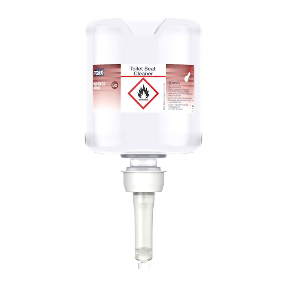 Der Tork 420302 Toilettensitzreiniger Premium, der in einem Karton mit acht Flaschen geliefert und von TORK – Essity Professional Hygiene Germany GmbH hergestellt wird, fördert die Hygiene, indem er Kreuzkontaminationen verhindert. Die durchsichtige Spenderflasche enthält eine Anleitung und verfügt über eine Bodendüse zur einfachen Anwendung. Außerdem ist sie aus Sicherheitsgründen mit einem Warnsymbol für entflammbare Stoffe gekennzeichnet.