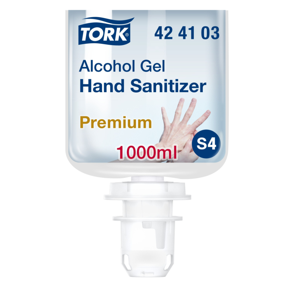 Ein Bild einer Tork 424103 Händedesinfektionsgel-Spendernachfüllung zeigt das Etikett mit „Premium“ und „1000 ml“ sowie den Produktcode „42 41 03“ für Spendertyp „S4“. Das Etikett ist mit einer Abbildung der Händedesinfektion verziert, die den Schutz vor Krankheitserregern betont. Das Produkt ist von der Marke TORK – Essity Professional Hygiene Germany GmbH.