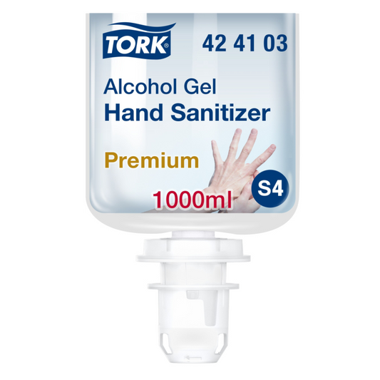 Ein Bild einer Tork 424103 Händedesinfektionsgel-Spendernachfüllung zeigt das Etikett mit „Premium“ und „1000 ml“ sowie den Produktcode „42 41 03“ für Spendertyp „S4“. Das Etikett ist mit einer Abbildung der Händedesinfektion verziert, die den Schutz vor Krankheitserregern betont. Das Produkt ist von der Marke TORK – Essity Professional Hygiene Germany GmbH.