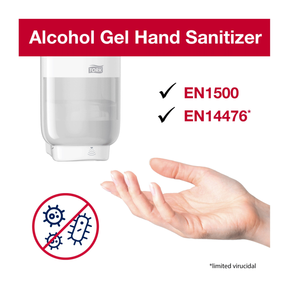 Die Hand einer Person wird unter einen Spender für Tork 424103 Händedesinfektionsgel S4 gelegt, mit dem Branding von TORK – Essity Professional Hygiene Germany GmbH. Das Bild zeigt Häkchen neben „EN1500“ und „EN14476*“, begleitet von Virensymbolen und einem Hinweis auf „*begrenzt viruzid“, was Schutz vor Krankheitserregern garantiert.