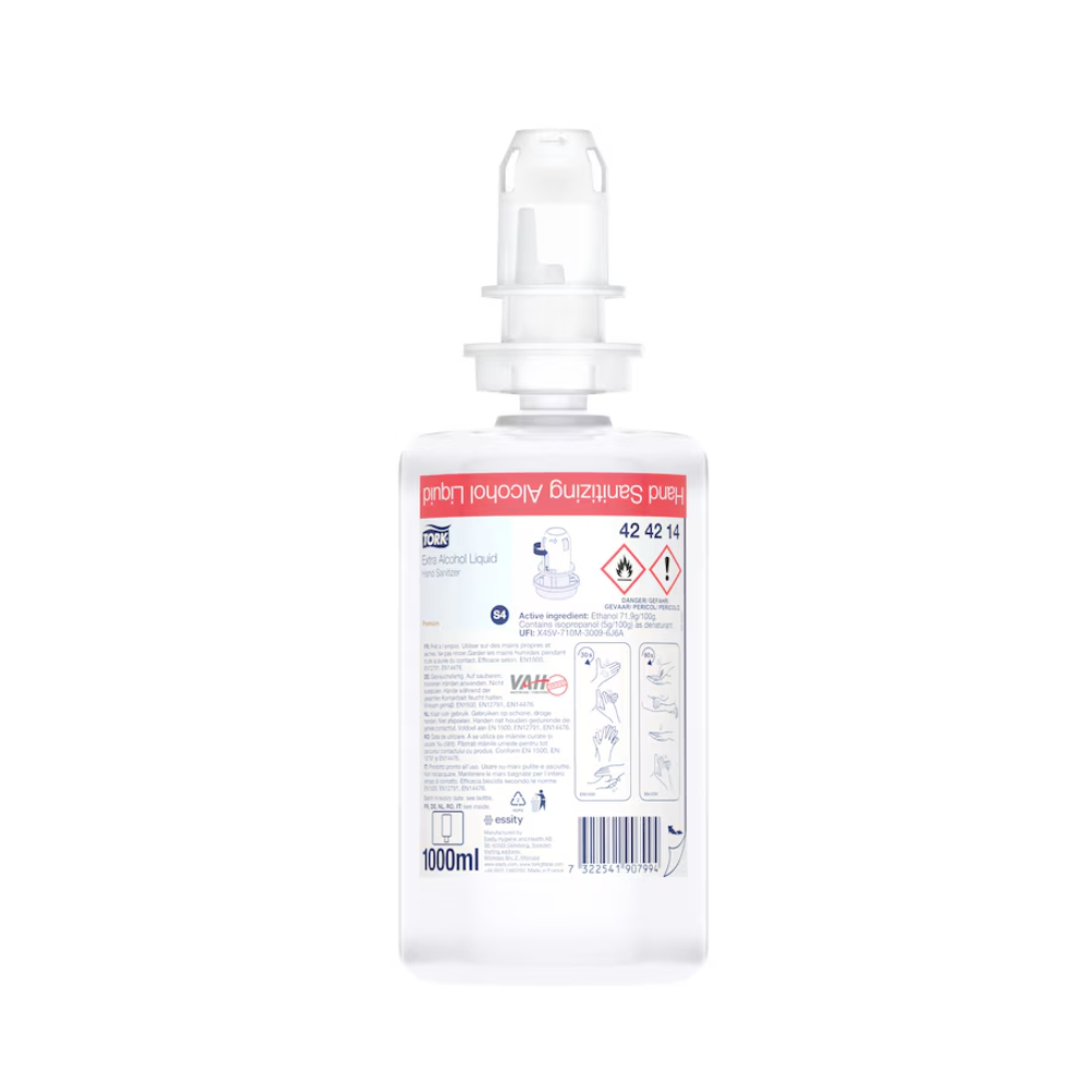 Eine 1000 ml klare Kunststoffflasche Tork 424214 Extra Desinfizierendes Händedesinfektionsmittel von TORK – Essity Professional Hygiene Germany GmbH, ausgestattet mit einem Druckspender. Das Etikett zeigt Sicherheitssymbole, Gebrauchsanweisungen mit Abbildungen und mehrsprachigen Text zur Aufrechterhaltung der Hautschutzfunktion.