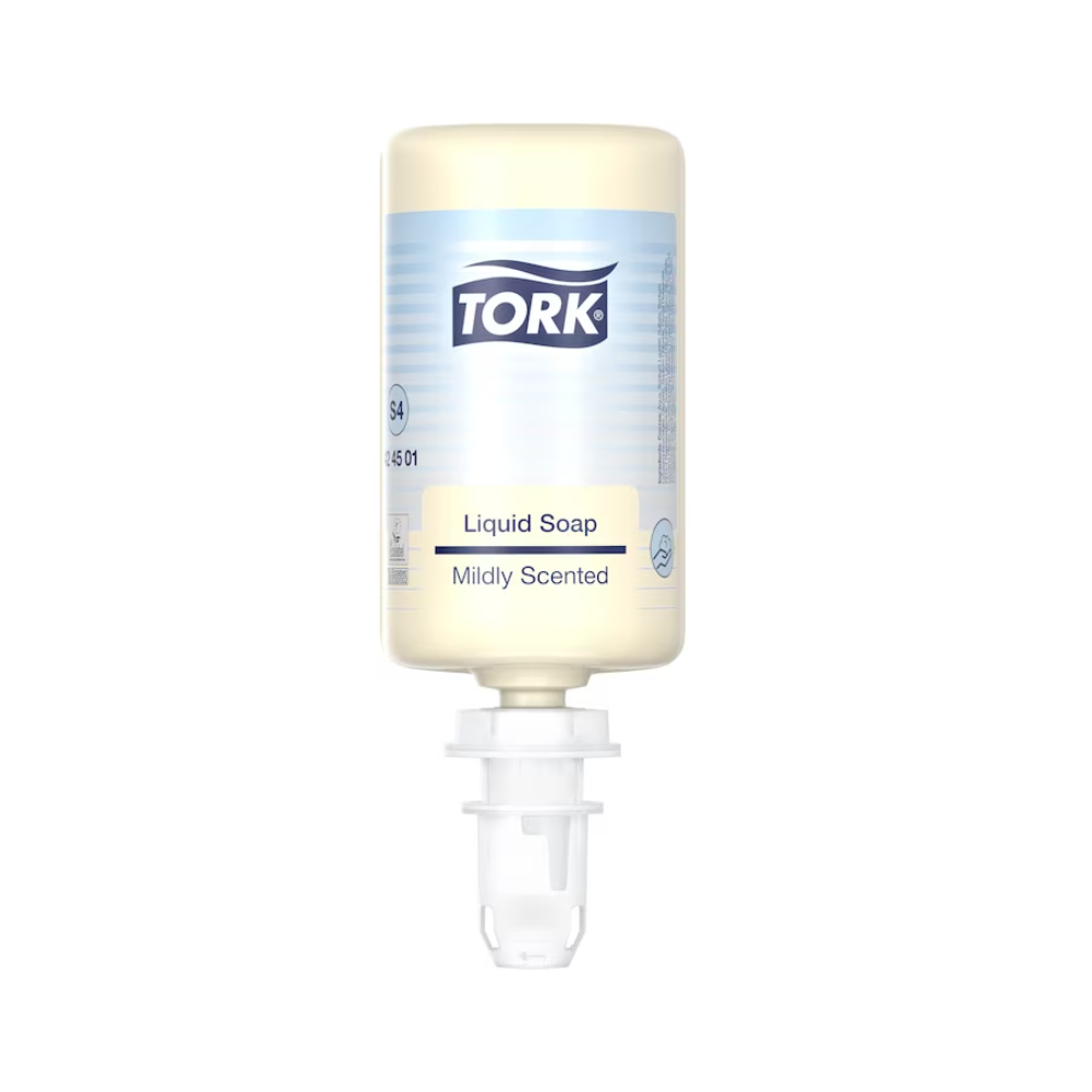 Eine transparente Flasche Tork 424501 Flüssigseife mit mildem Duft und dermatologisch getesteter Formel steht kopfüber, die Dosierdüse ist deutlich sichtbar unten. Auf dem blau-weißen Etikett ist der Markenname „TORK“ von Essity Professional Hygiene Germany GmbH deutlich zu sehen.