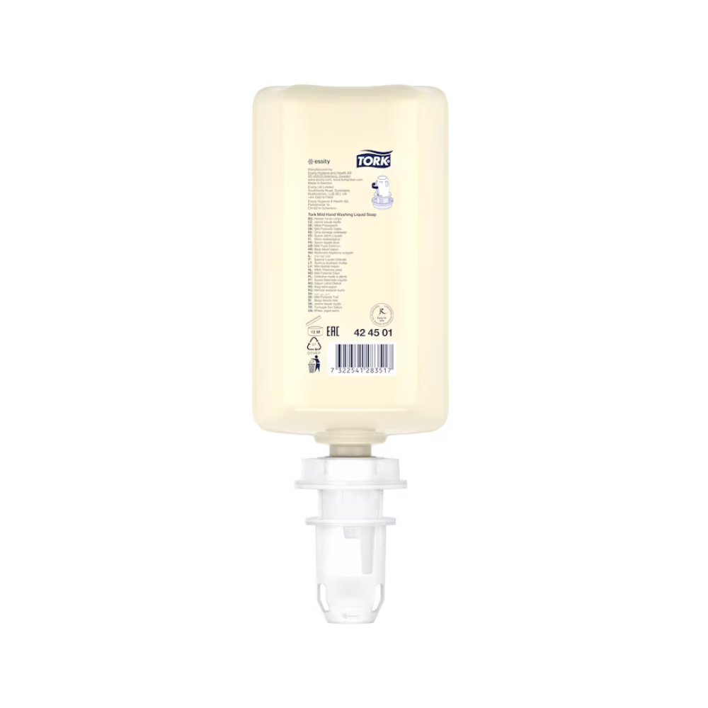 Die Tork 424501 Flüssigseife, Mild-Duftend von TORK – Essity Professional Hygiene Germany GmbH ist ein rechteckiger Seifenspender aus durchsichtigem Kunststoff mit einer weißen Pumpdüse und einem mehrsprachigen Etikett mit Produktinformationen. Die dermatologisch getestete 1000-ml-Flasche ist raffiniert umgedreht gestaltet, um die Dosierung zu erleichtern.