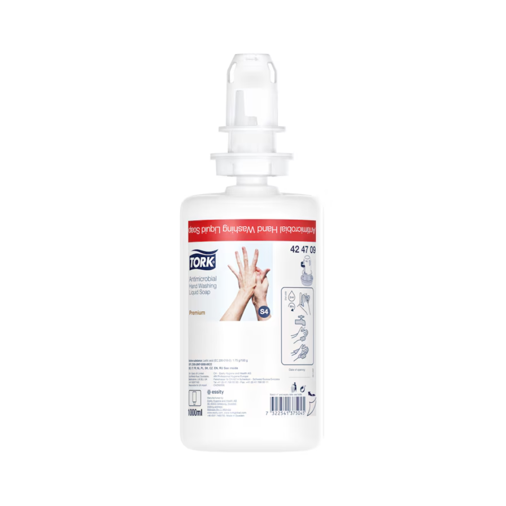 Eine Flasche Tork 424709 Antimikrobielle Flüssigseife, angereichert mit pflanzlichen Inhaltsstoffen, zeigt ein Diagramm von sich waschenden Händen, verfügt über einen Pumpspender und hat ein Produktvolumen von 1000 ml. Die weiße Flasche ist mit rotem und blauem Text und Grafiken verziert.