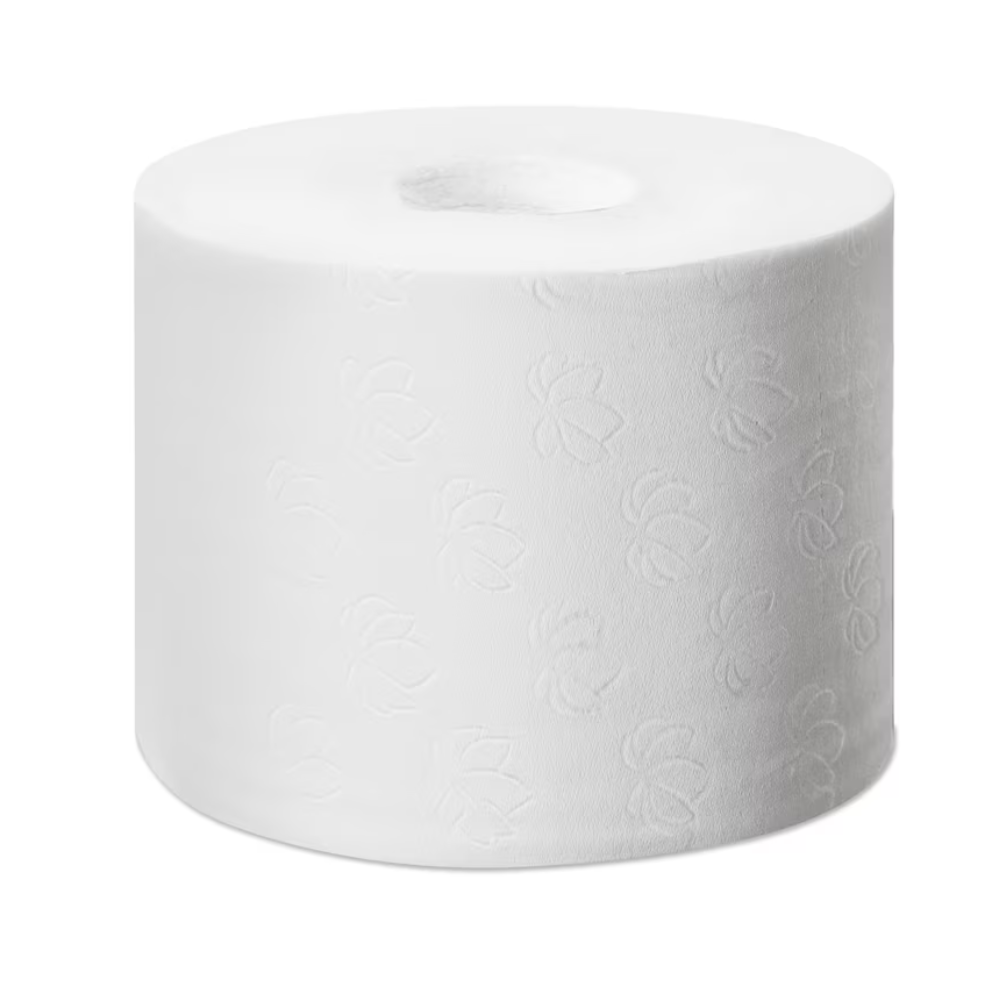 Eine große, zylindrische Rolle Tork 472139 Optiserve extra weich Premium T7 hülsenloses Midi-Toilettenpapier mit einem zarten floralen Prägemuster ist scheinbar unbenutzt auf einem weißen Hintergrund zu sehen.
