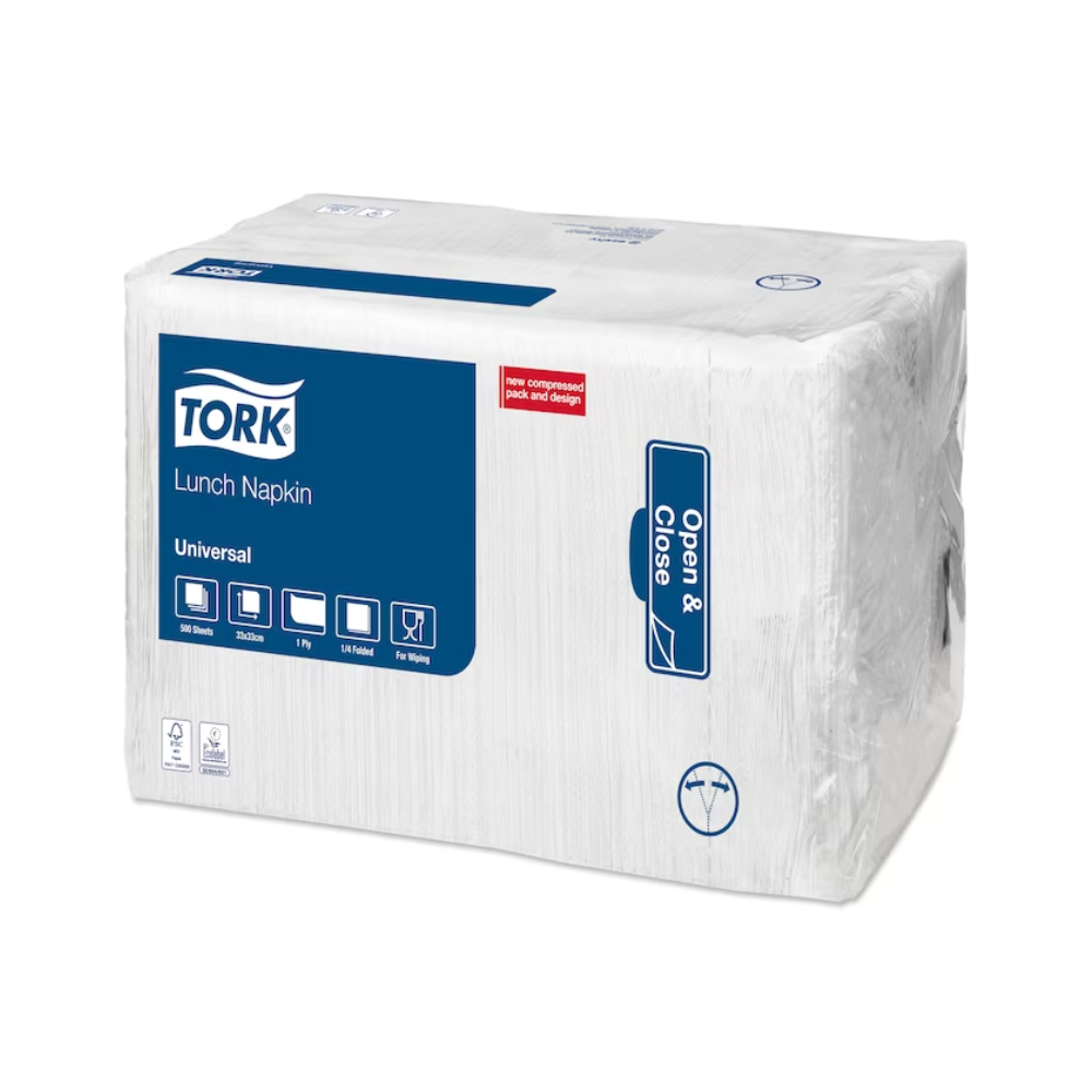 Eine Packung Tork 509300 Lunchserviette Weiß Universal-Servietten von Essity Professional Hygiene Germany GmbH ist für Fast-Food-Restaurants konzipiert. Die Verpackung verfügt über ein blaues Etikett mit den Aufschriften „Universal“, „Öffnen & Schließen“ und Bildern der Servietten. Diese industriell kompostierbare Packung enthält 150 einlagige weiße Servietten mit einer Größe von jeweils 12 Zoll im Quadrat.