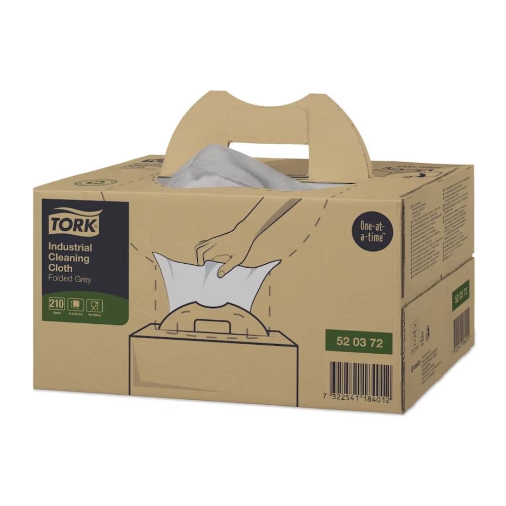 Abgebildet ist ein Karton mit Tork 520372 Industrie Reinigungstüchern Premium W7. Er verfügt über die exelCLEAN-Technologie, einen Tragegriff und eine einfache Einzelspenderfunktion. Die Packung enthält 210 Tücher von TORK – Essity Professional Hygiene Germany GmbH.