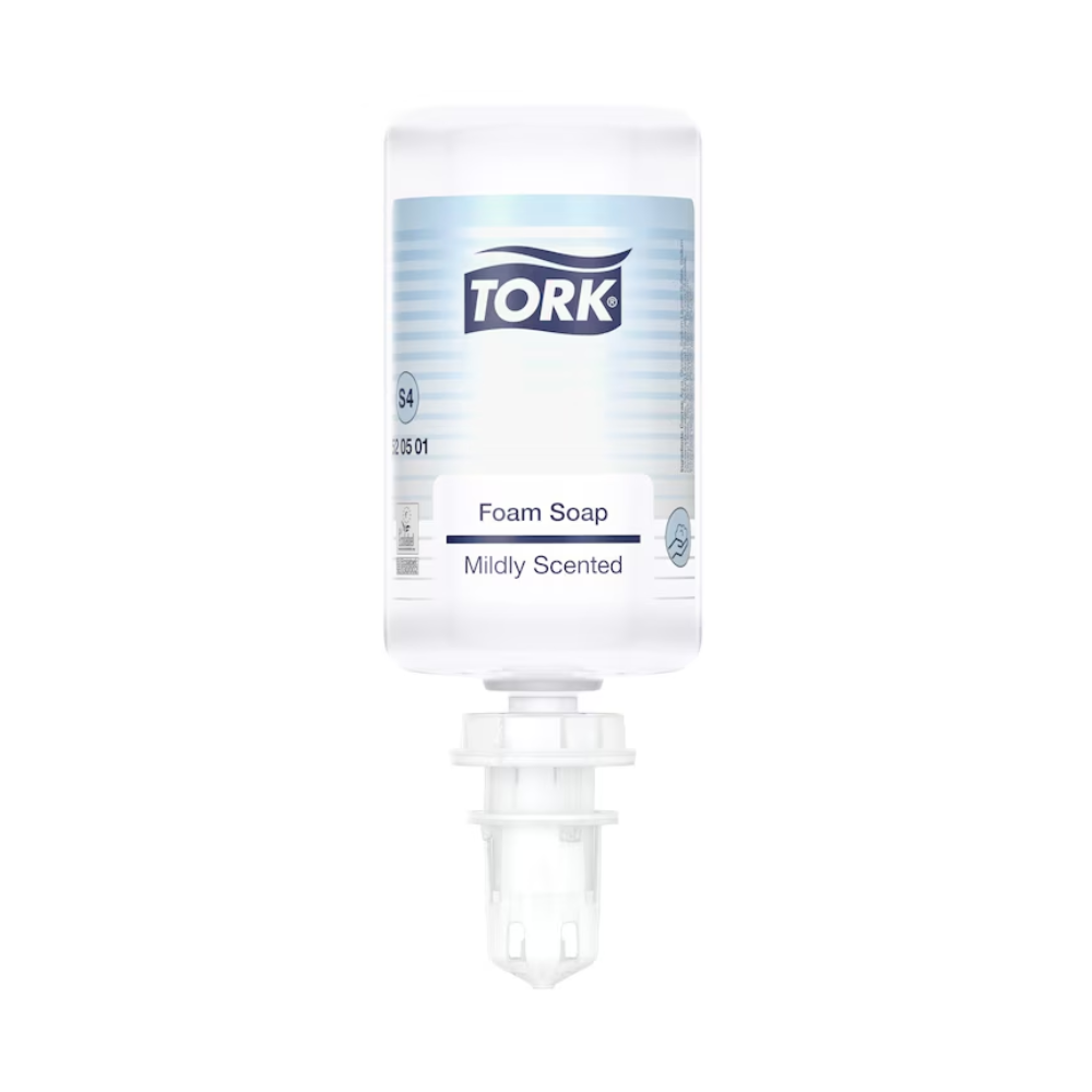 Eine klare 1000-ml-Nachfüllflasche „Tork 520501 Mild-Duftende Schaumseife Premium S4“ von Essity verfügt über ein weiß-blaues Etikett, eine Abgabedüse an der Unterseite und steht aufrecht auf einem weißen Hintergrund.