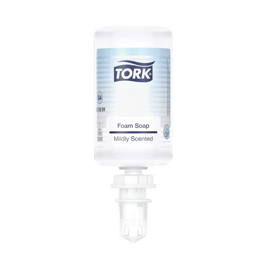 Eine klare 1000-ml-Nachfüllflasche „Tork 520501 Mild-Duftende Schaumseife Premium S4“ von Essity verfügt über ein weiß-blaues Etikett, eine Abgabedüse an der Unterseite und steht aufrecht auf einem weißen Hintergrund.