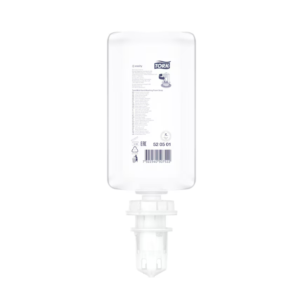 Eine klare, rechteckige Flasche der mild-duftenden Schaumseife Premium S4 (1000 ml) von TORK – Essity (520501) ist verkehrt herum mit weißem Verschluss, Etikett, Barcode und Produktinformationen abgebildet. Die pH-neutrale Schaumseife befindet sich auf einem schlichten weißen Hintergrund.