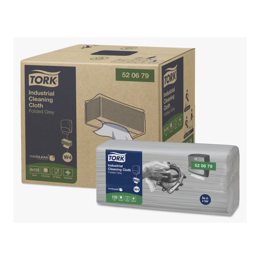 Abgebildet sind ein Karton und eine Packung Tork 520679 Industrie Reinigungstücher Premium W4 1-lagig. Der braune Karton zeigt Produktdetails, während die graue Packung eine Hand mit einem Tuch zeigt. Beide Premium Reinigungstücher von TORK – Essity Professional Hygiene Germany GmbH sind mit der Nummer 52 06 79 gekennzeichnet.