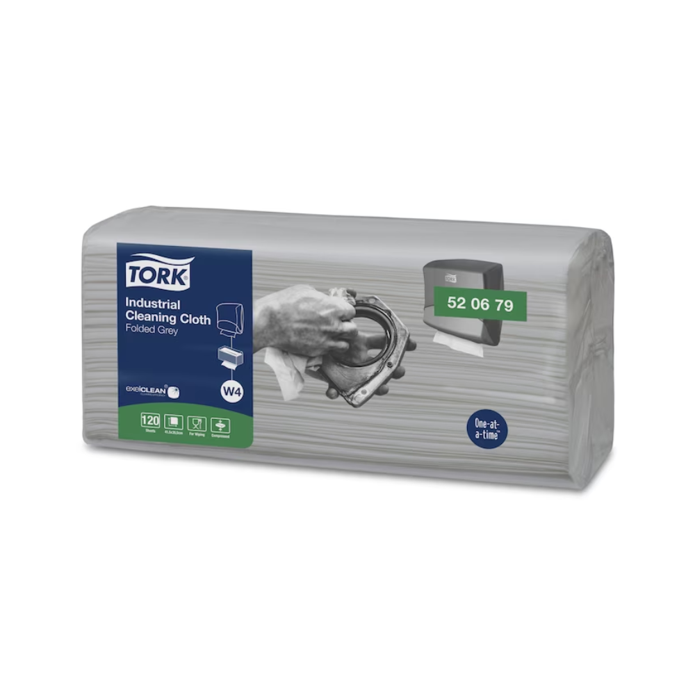Packung mit Tork 520679 Industrie-Reinigungstüchern, Premium Reinigungstücher W4 in grau, von TORK - Essity Professional Hygiene Germany GmbH. Auf der Vorderseite ist eine Hand abgebildet, die mit dem Tuch Maschinenteile reinigt. Diese Packung enthält 120 Tücher und ist mit dem Produktcode 52 06 79 für außergewöhnliche industrielle Reinigungsleistung gekennzeichnet.