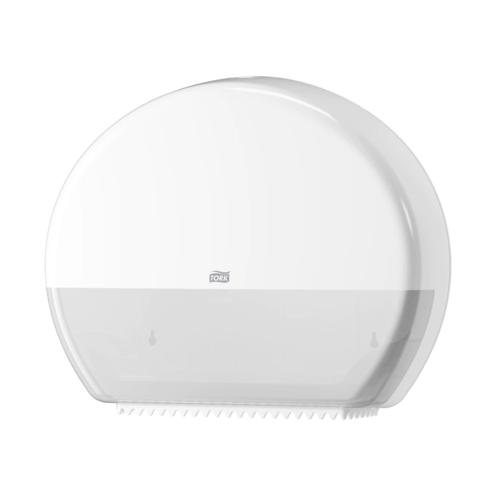 Der Tork 554000 Spender für Jumbo-Toilettenpapier Elevation T1, hergestellt von TORK – Essity Professional Hygiene Germany GmbH, ist ein wandmontierter weißer Toilettenpapierspender mit durchscheinender Abdeckung, der sich perfekt für stark frequentierte Waschräume eignet. Er verfügt über ein kreisförmiges Design mit einer gebogenen Oberseite und einer gezackten Kante an der Unterseite, die Platz für Jumbo-Toilettenpapierrollen bietet und gleichzeitig Einblick ins Innere gewährt.