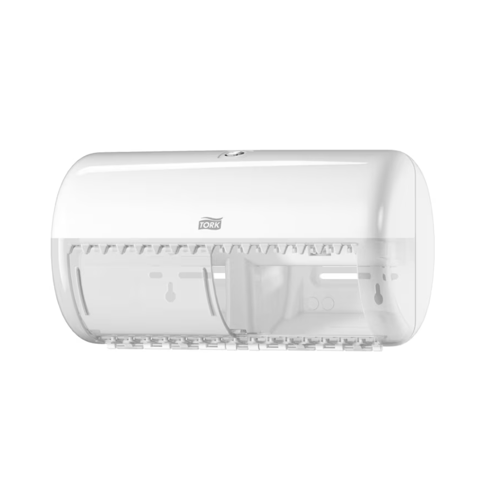 Der Tork 557000 Spender für Kleinrollen Toilettenpapier Elevation T4 von TORK – Essity Professional Hygiene Germany GmbH ist ein weißer Spender zur Wandmontage mit Elevation-Design und transparenter Abdeckung für gute Sichtbarkeit des Inhalts. Er ist ideal für Toiletten oder Gemeinschaftsräume, sorgt für bequemen Zugriff auf Papierhandtücher und ergänzt Räume mit seiner schlanken und modernen Ästhetik.