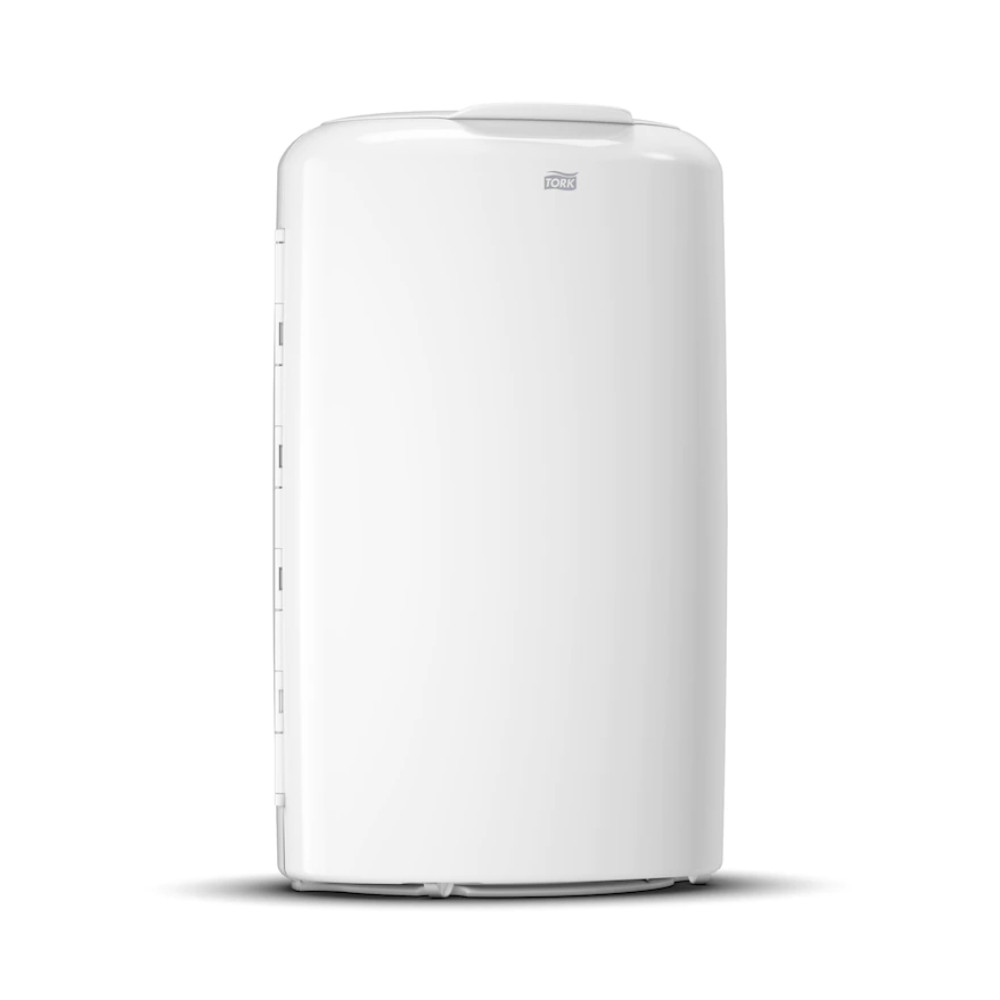 Der Tork 563000 Abfallbehälter Elevation 50 Liter B1 von TORK – Essity Professional Hygiene Germany GmbH ist ein anspruchsvoller, weißer, aufrecht stehender Abfalleimer mit glatten Kanten und minimalistischem Design. Er bietet flexible Installationsmöglichkeiten, da er elegant auf jeder ebenen Oberfläche steht.