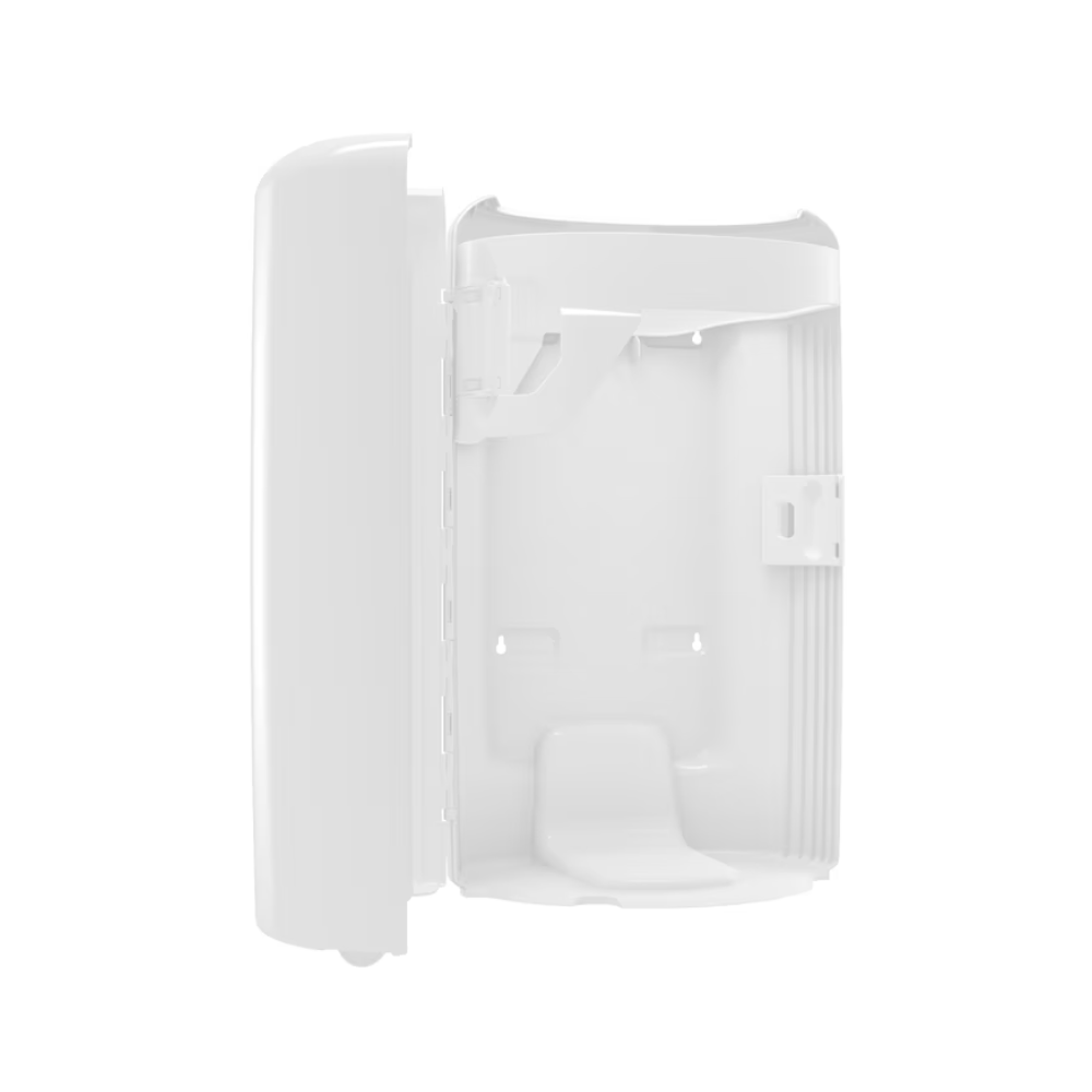 Der Tork 563000 Abfallbehälter Elevation von Essity Professional Hygiene Germany GmbH ist ein schlankes, weißes Kunststoffgehäuse zur Wandmontage mit einer Klapptür. Seine glatte, abgerundete Form ist vielseitig einsetzbar und bietet verschiedene Montagemöglichkeiten für die Aufnahme elektronischer oder Kommunikationskomponenten in einem offenen und minimalistischen Innenraum.