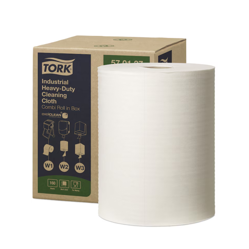 Eine große Rolle Tork 570137 Extra Starke Industrie Reinigungstücher W1 W2 W3 1-lagig, ideal für Entfettungsarbeiten, steht vor ihrer Kartonverpackung. Die Schachtel von TORK – Essity Professional Hygiene Germany GmbH zeigt Abbildungen und Etiketten, die die vielseitige Verwendung dieser wiederverwendbaren Reinigungstücher hervorheben.