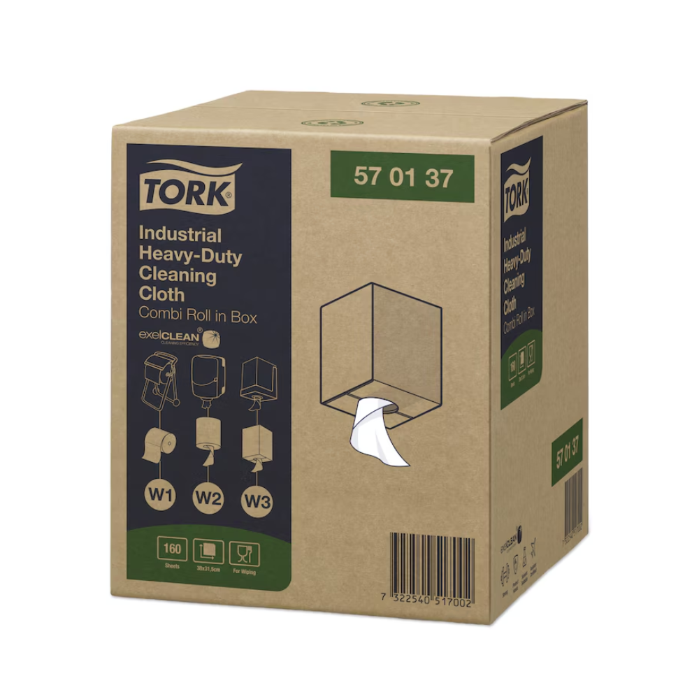 Ausgestellt ist ein Karton mit Tork 570137 Extra Starke Industrie Reinigungstücher W1 W2 W3 1-lagig, hergestellt von TORK – Essity Professional Hygiene Germany GmbH. Der Karton enthält Produktdetails und Abbildungen von Tuchspendermethoden, wobei ein Stück des Reinigungstuchs aus einem Schlitz herausragt – ideal für Entfettungsaufgaben.