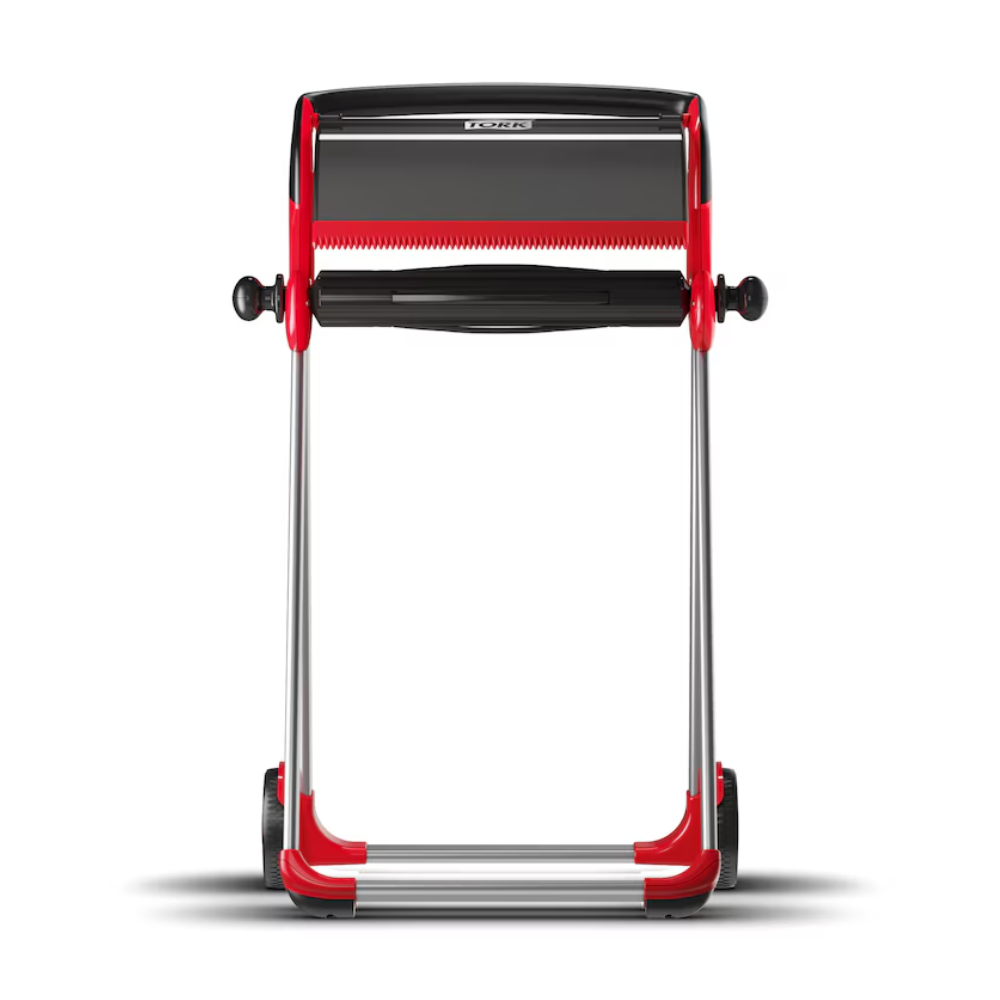 Der Tork 652008 Rollenspender Bodenständer Performance W1 von TORK – Essity Professional Hygiene Germany GmbH besticht durch einen rot-schwarzen Rahmen, der sein leistungsorientiertes Design unterstreicht. Er verfügt über eine zylindrische Komponente und zwei Räder für einfache Bewegung sowie einen Lenker für präzises Lenken.