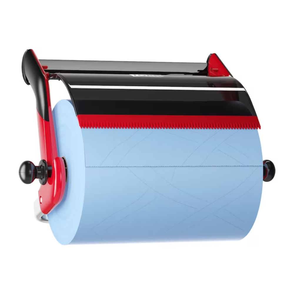 Der Tork 652108 Rollenspender Wandhalterung Performance W1 von Essity Professional Hygiene Germany GmbH verfügt über ein manuelles Rollendesign in Rot mit einem großen blauen Blatt. Er verfügt über einen Bediengriff und eine gezackte Kante zum einfachen Abreißen des Papiers. Er betont praktische Eleganz und Leistung und hebt sich vor einem weißen Hintergrund ab.
