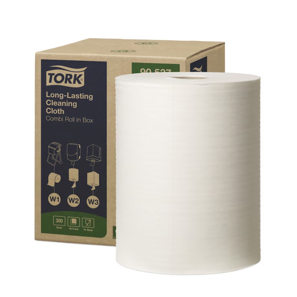 Eine große Rolle Tork 90537 Langlebige Reinigungstücher Premium W1 W2 W3 steht auf der Vorderseite der Verpackungsschachtel. Auf ihr sind Abbildungen und Texte zu sehen, die die Saugfähigkeit des Tuchs und seine Kompatibilität mit verschiedenen Spendern betonen.