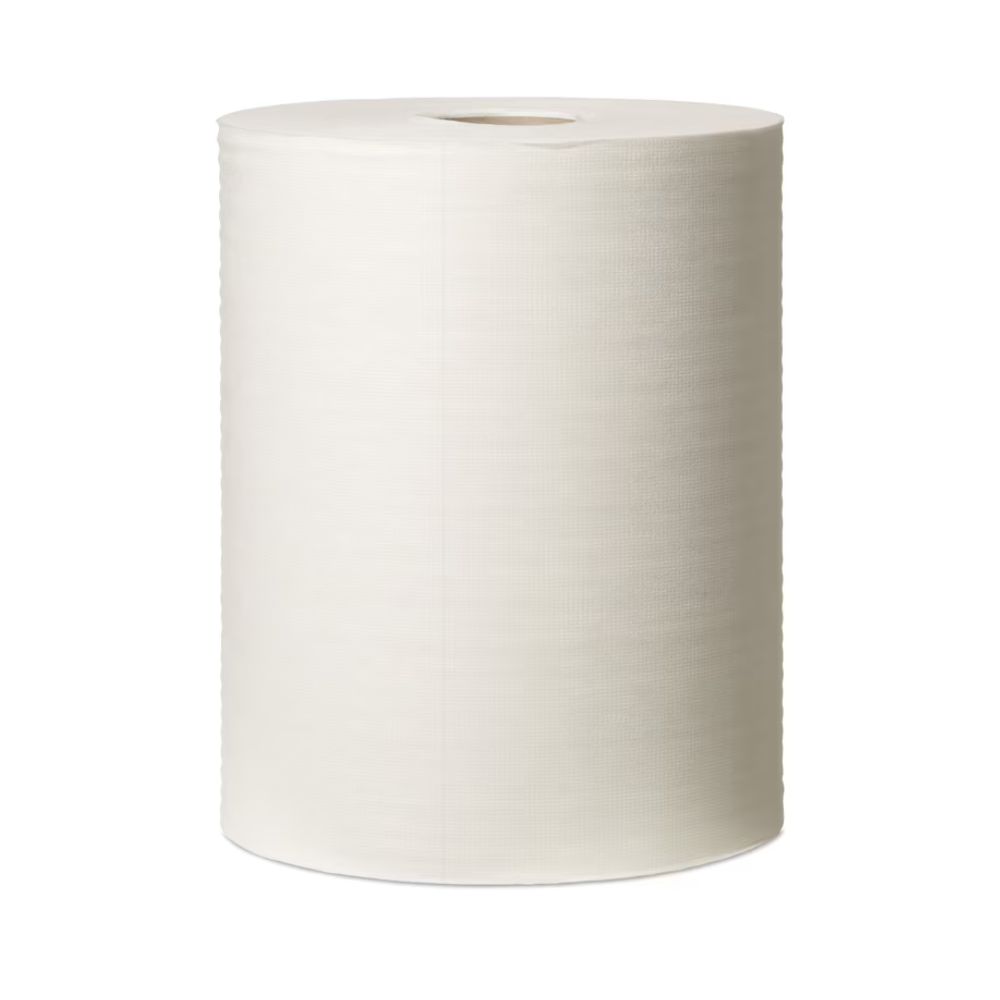 Eine große, vertikale Rolle weißer Tork 90537 Langlebige Reinigungstücher Premium ist zentriert vor einem schlichten weißen Hintergrund. Das Tuch von TORK – Essity Professional Hygiene Germany GmbH ist fusselarm mit glatter Textur und das Ende der Rolle ist gleichmäßig geschnitten.