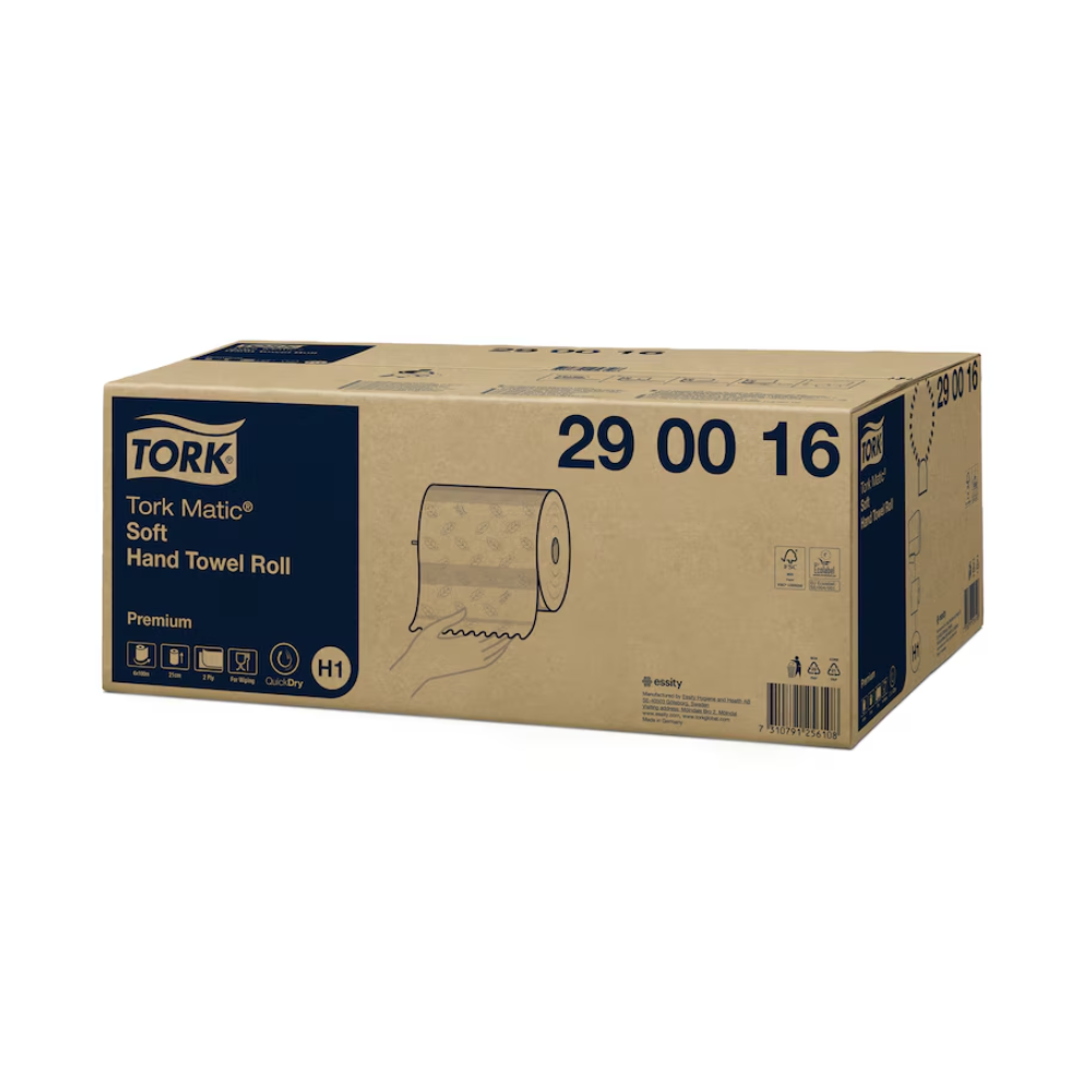 Ein Karton mit Tork Matic® 290016 weiches Rollenhandtuch Premium H1 2-lagig | Karton (6 Rollen) von TORK – Essity Professional Hygiene Germany GmbH, mit hervorgehobenen Produktspezifikationen und QuickDry™-Symbolen, um die Premiumqualität hervorzuheben.