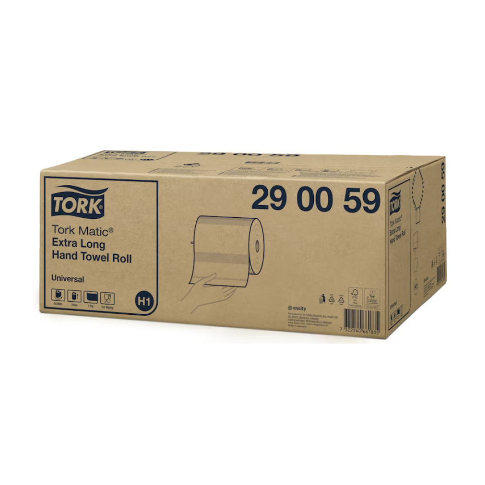 Auf einem Karton mit der Aufschrift „Tork Matic® 290059 extra-langes Rollenhandtuch Universal H1 1-lagig“ ist eine Hand abgebildet, die eine extra-lange Handtuchrolle hält. Der von TORK – Essity Professional Hygiene Germany GmbH hergestellte Karton enthält verschiedene Versand- und Handhabungssymbole und enthält sechs Rollen.