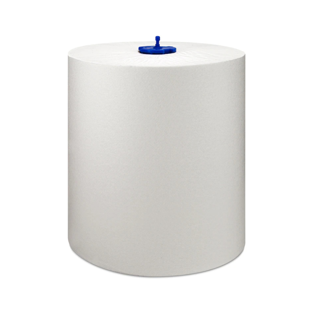 Eine große, zylindrische Rolle weißes Papierhandtuch mit einer blauen Mittelspule steht aufrecht vor einem schlichten weißen Hintergrund. Das Tork Matic® 290059 extralange Rollenhandtuch Universal H1 1-lagig von TORK – Essity Professional Hygiene Germany GmbH passt perfekt in jede Umgebung und bietet außergewöhnliche Qualität und Komfort.