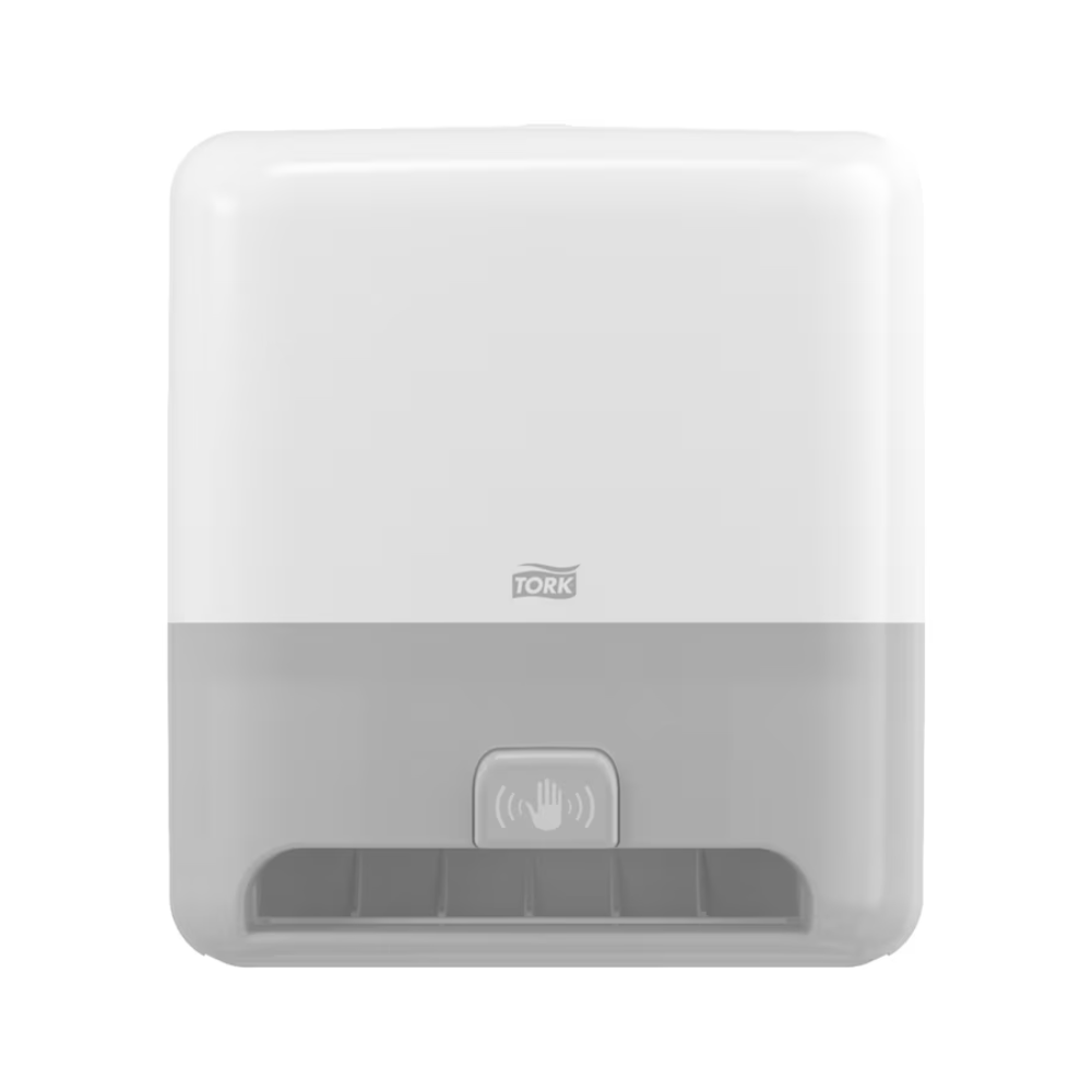 Der Tork Matic® 551100 Sensorspender für Rollenhandtücher Elevation H1, hergestellt von TORK – Essity Professional Hygiene Germany GmbH, ist ein stilvoller, weißer und grauer automatischer Papierhandtuchspender zur Wandmontage. Er verfügt unten in der Mitte über ein Handsensorsymbol, das berührungsloses Händetrocknen ermöglicht. Das Markenlogo ist prominent auf der oberen Vorderseite angebracht und steht für Qualität und Eleganz in jeder Umgebung.