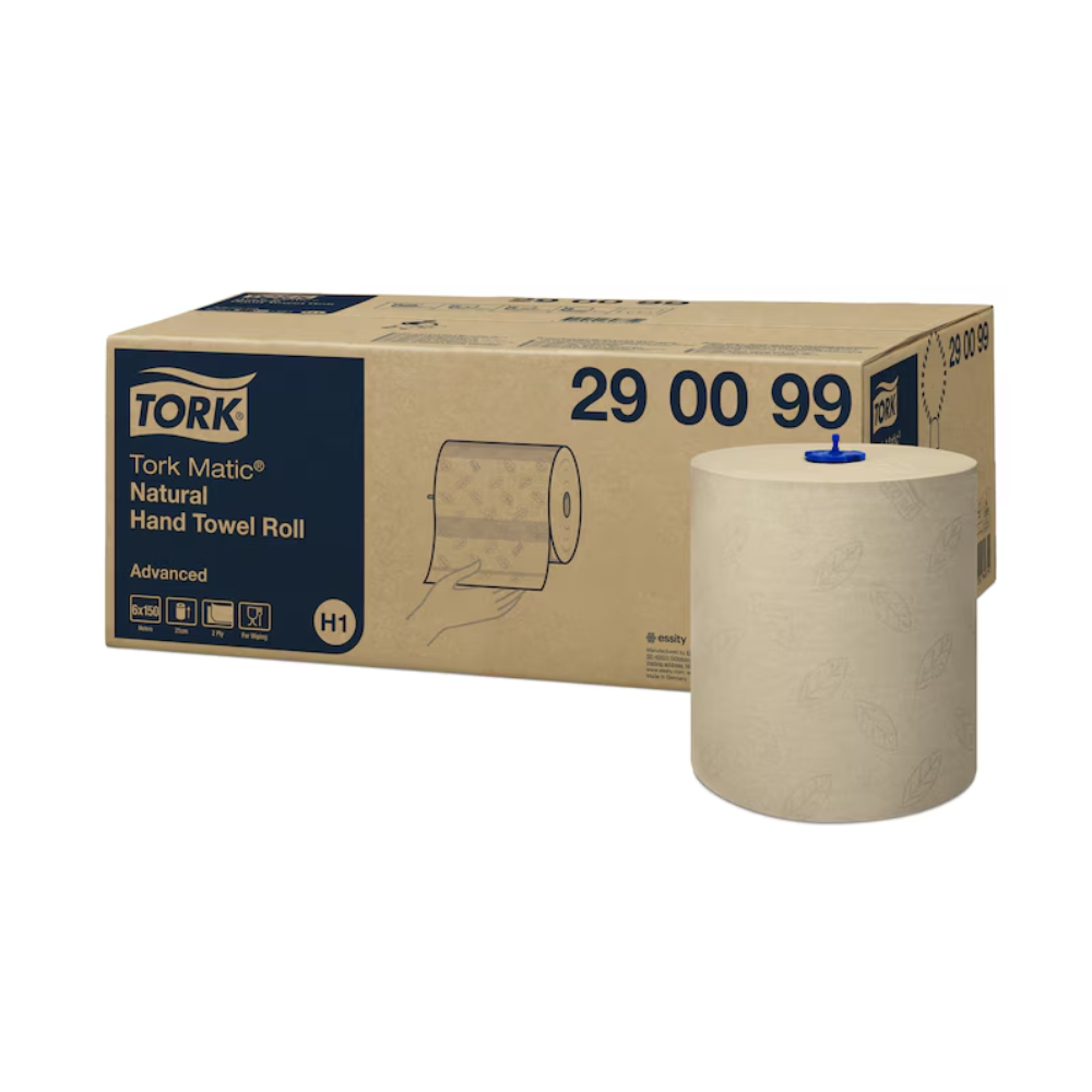Ein Karton mit der Aufschrift „Tork Matic® Rollenhandtuch Advanced H1 2-lagig“ von TORK – Essity Professional Hygiene Germany GmbH steht neben einer einzelnen beigefarbenen Handtuchrolle, die für effizientes Händetrocknen konzipiert ist. Der Karton hebt das Advanced System H1 hervor und enthält die Modellnummer 29 00 99 sowie detaillierte Abbildungen und Spezifikationen.