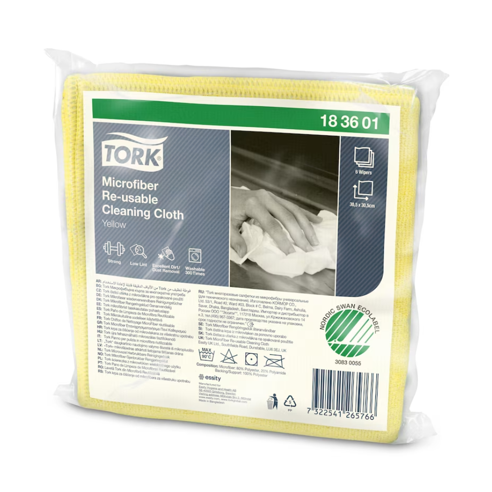 Auf der Verpackung der Tork Mikrofaser wiederverwendbare Reinigungstücher in Gelb finden sich Produktdetails wie Maße und Pflegesymbole sowie ein Bild, das das Tuch im Einsatz zeigt. Unten ist ein Umweltzertifikat angebracht, das das Engagement für Nachhaltigkeit und Qualität von TORK – Essity Professional Hygiene Germany GmbH unterstreicht.