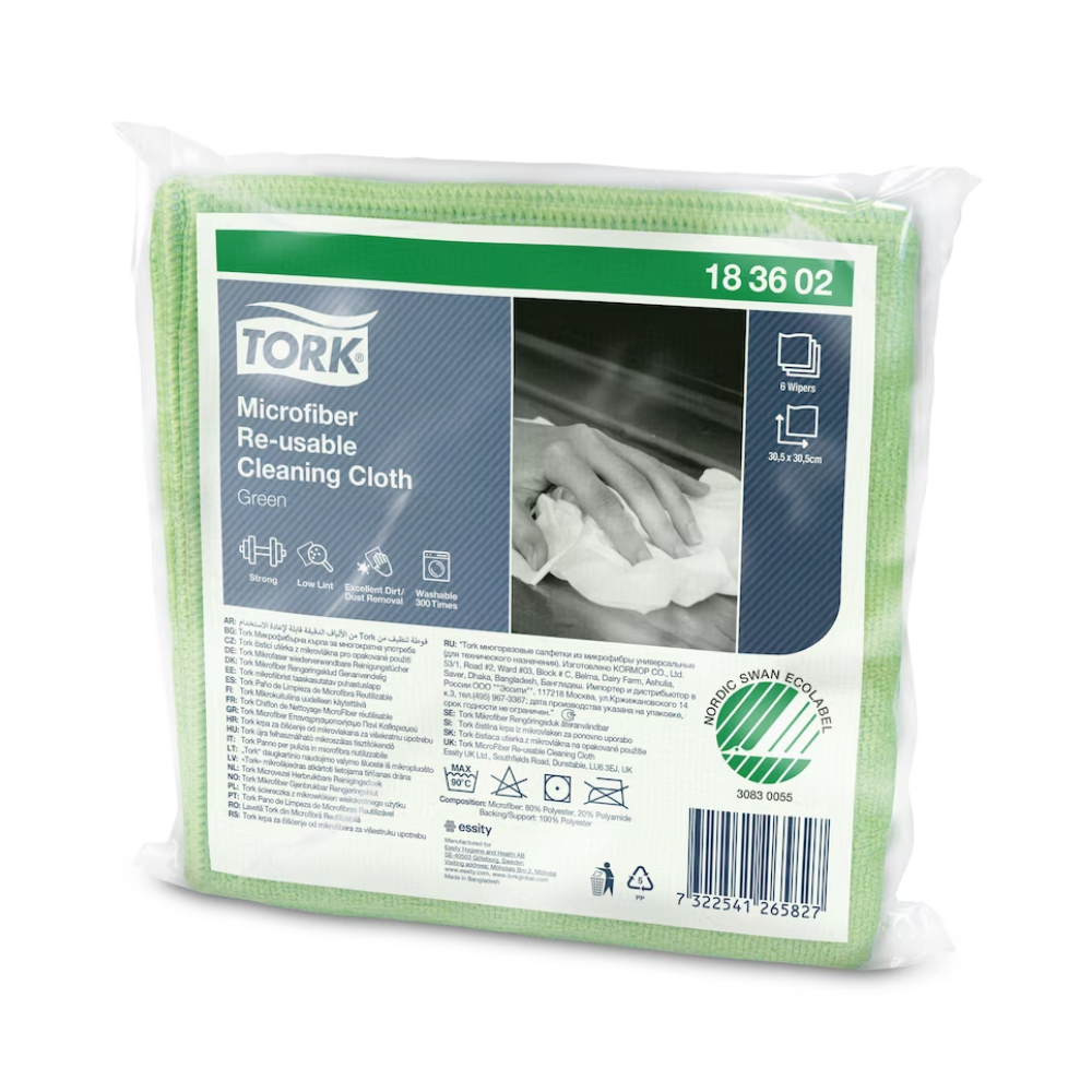 Abgebildet ist eine Packung wiederverwendbarer Tork Mikrofaser-Reinigungstücher in verschiedenen Farben, angeboten von TORK – Essity Professional Hygiene Germany GmbH. Auf der Vorderseite sind Produktinformationen, ein Bild von Händen, die das Tuch benutzen, und ein Barcode zu sehen. Diese unkomplizierten Tücher sind für effiziente Reinigungszwecke konzipiert und werden in einem Karton mit 8 Packungen geliefert.