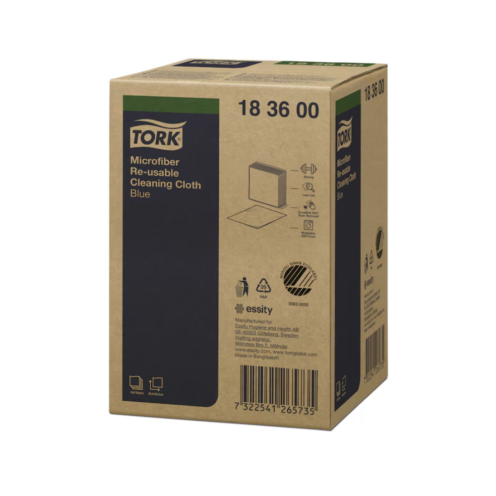 Ein Karton mit wiederverwendbaren Reinigungstüchern aus Mikrofaser von Tork in Blau. Auf dem Karton sind Produktinformationen zu sehen, darunter der Code 18 36 00 und die Markenlogos von TORK – Essity Professional Hygiene Germany GmbH. Außerdem sind ein Strichcode und Symbole zu sehen, die darauf hinweisen, dass es sich bei den Tüchern um Mikrofaser handelt und sie wiederverwendbar sind.