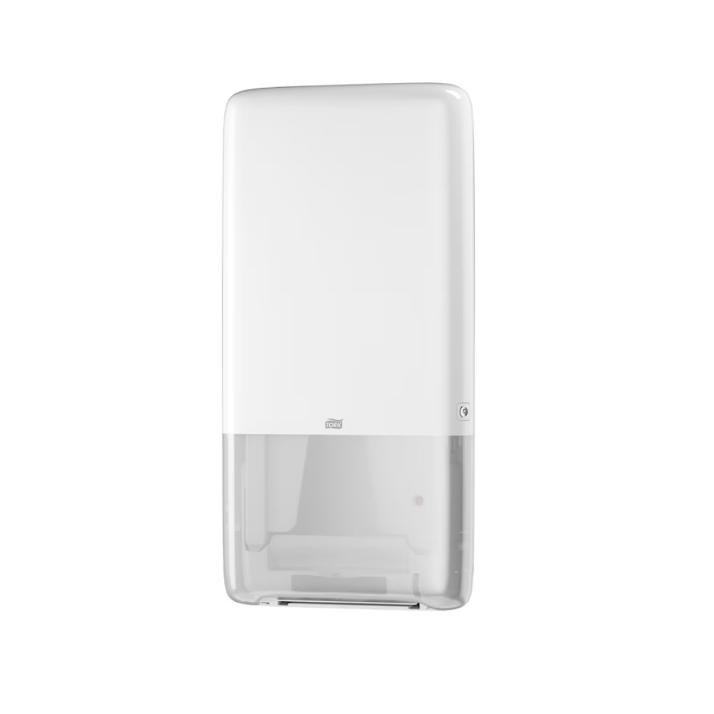 Der Tork PeakServe® 552500 Spender für Endlos Handtücher Elevation H5 von TORK - Essity Professional Hygiene Germany GmbH ist ein weißer, wandmontierter Spender mit transparentem Unterteil zur einfachen Rollenkontrolle. Sein schlichtes, modernes Design macht es perfekt für hochfrequentierte Waschräume und sorgt für eine nahtlose Verfügbarkeit endloser Handtücher.