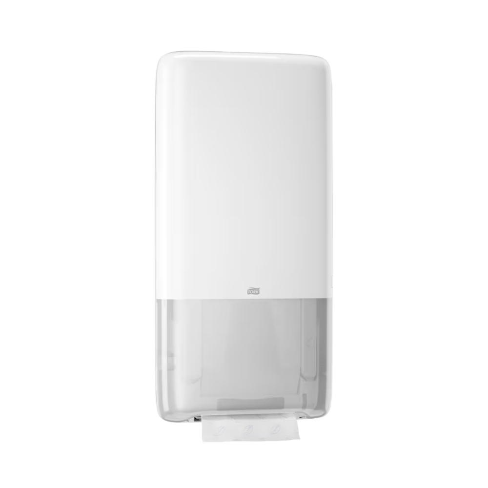 Der Tork PeakServe® 552500 Spender für Endlos-Handtücher Elevation H5 von TORK – Essity Professional Hygiene Germany GmbH ist ein weißer Spender zur Wandmontage mit durchsichtigem Boden, der die Handtücher im Inneren sichtbar macht. Er ist für stark frequentierte Waschräume konzipiert und sorgt für Effizienz, da ein einzelnes Blatt Endlos-Handtücher immer sichtbar und einsatzbereit ist.