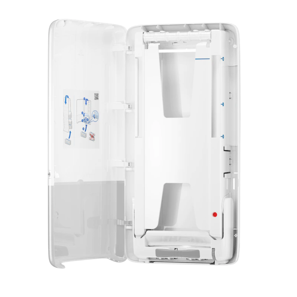 Öffnen Sie den Tork PeakServe® 552500 Aufbewahrungskoffer, der ein elegantes, minimalistisches Design aufweist und sich ideal für stark frequentierte Waschräume eignet. Im Inneren befinden sich Fächer und ein Diagramm mit blauen Markierungen auf der linken Seite. Die glatte Außenseite verfügt über einen durchscheinenden oberen Abschnitt, sodass er sich perfekt für die Aufbewahrung Ihrer Tork PeakServe-Grundausstattung eignet.